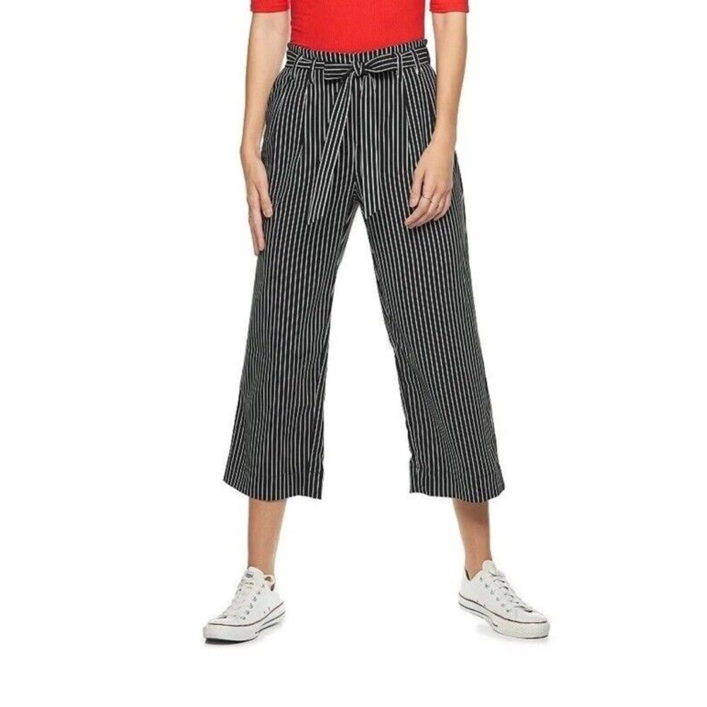 Popsugar Medium Paperbag Soft Wide Leg Blk/Wht Stripe Crop Pants